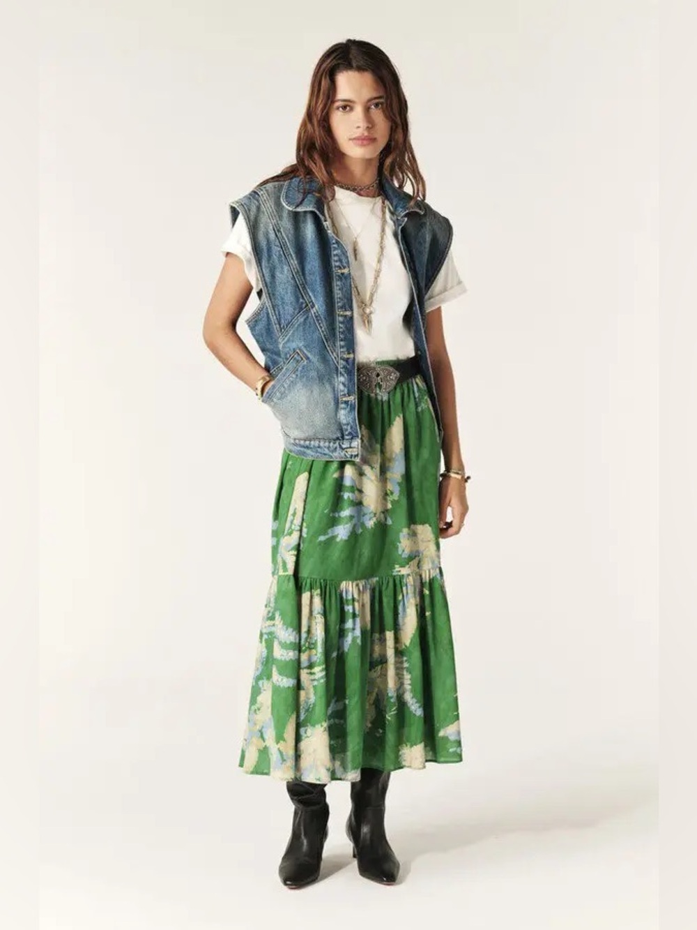 ba&sh Plarie Cotton Voile Tiered Midi Skirt | Green | FR 38 (US 6) - Picture 3 of 9
